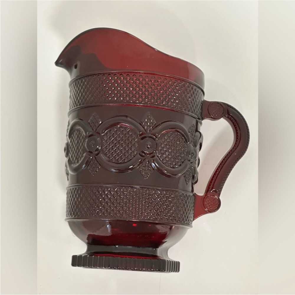 Large Avon Ruby Red 1876 Cape Cod Glass Embossed a pedestal Footed Pitcher